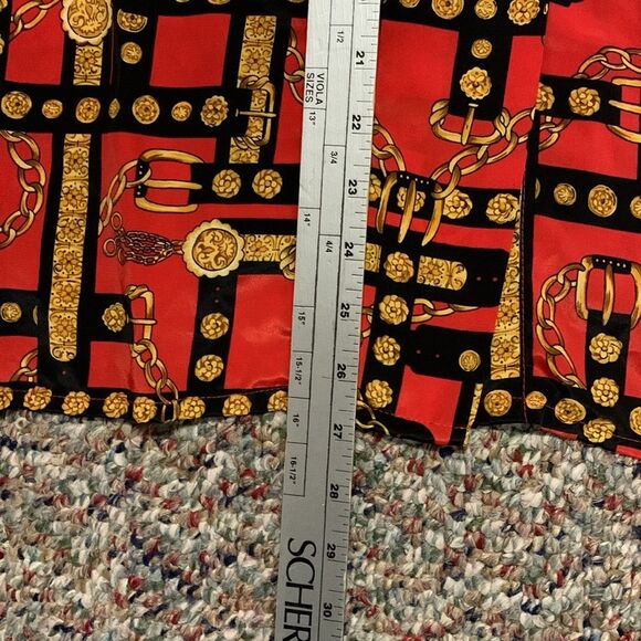 Vintage Jordan Red Gold Black Chain and Belt Print Long Sleeve Blouse Size 14 - Picture 9 of 13
